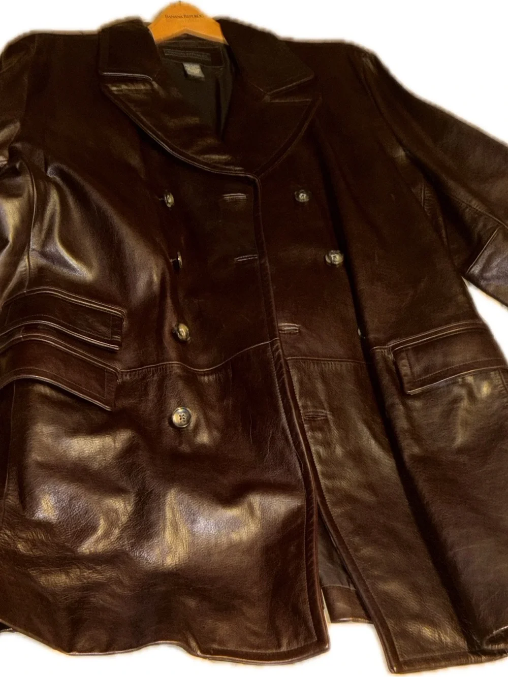 Banana Republic Men's Dark Brown Leather Double-Breasted Pea Coat